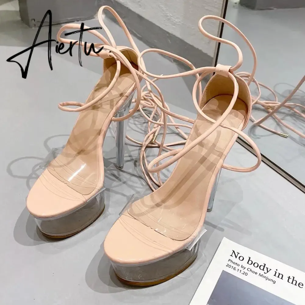 Aiertu Ultra High Crystal Platform Sandalias Peep toe Ankle-Wrap Buckle Strap NEW Women Shoes Summer nightclub Party Fashion
