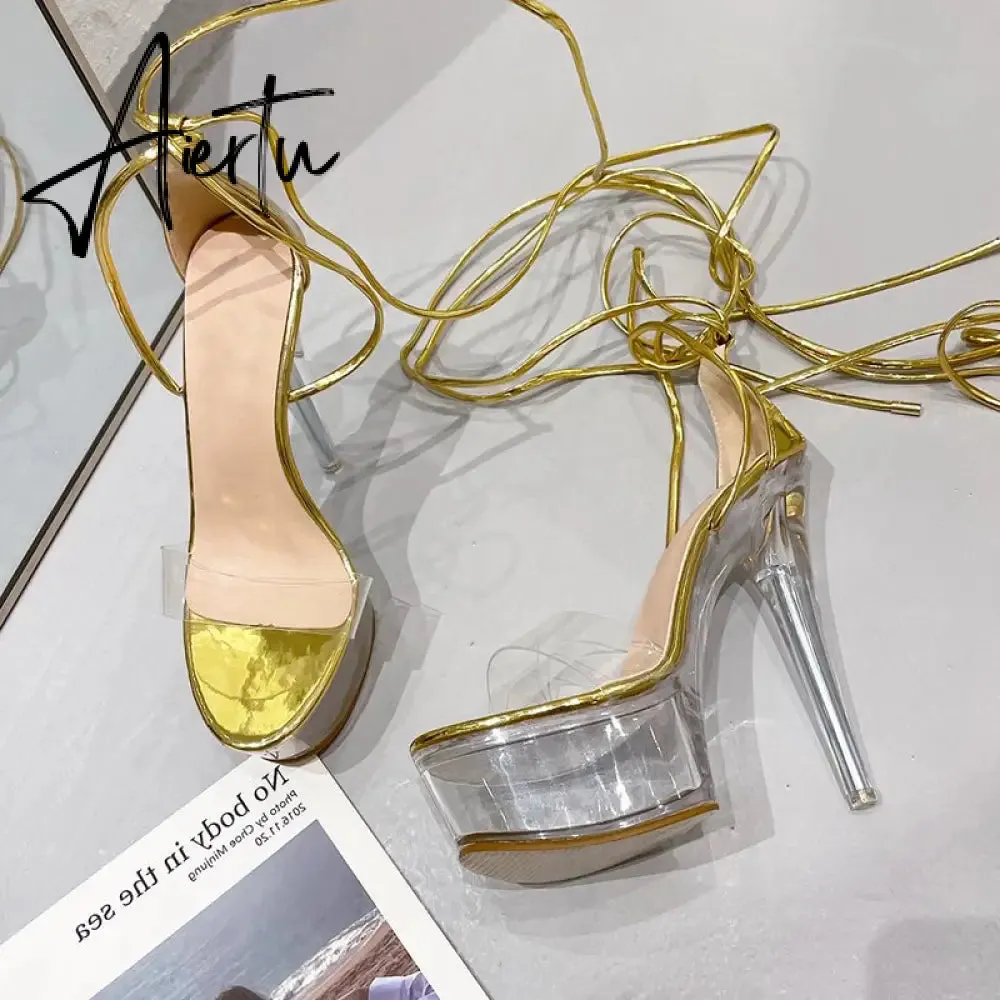 Aiertu Ultra High Crystal Platform Sandalias Peep toe Ankle-Wrap Buckle Strap NEW Women Shoes Summer nightclub Party Fashion
