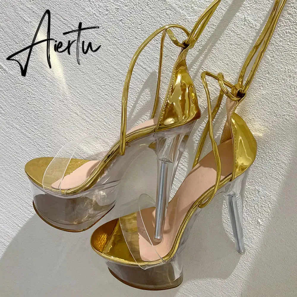 Aiertu Ultra High Crystal Platform Sandalias Peep toe Ankle-Wrap Buckle Strap NEW Women Shoes Summer nightclub Party Fashion