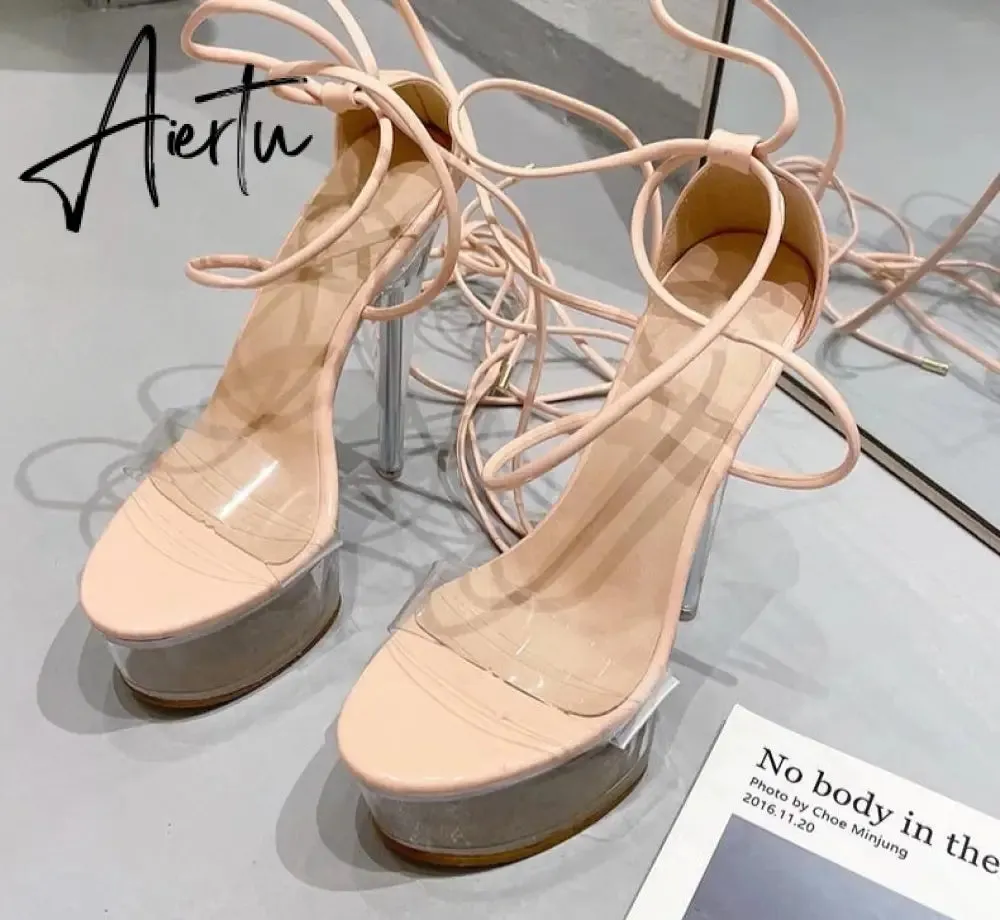 Aiertu Ultra High Crystal Platform Sandalias Peep toe Ankle-Wrap Buckle Strap NEW Women Shoes Summer nightclub Party Fashion