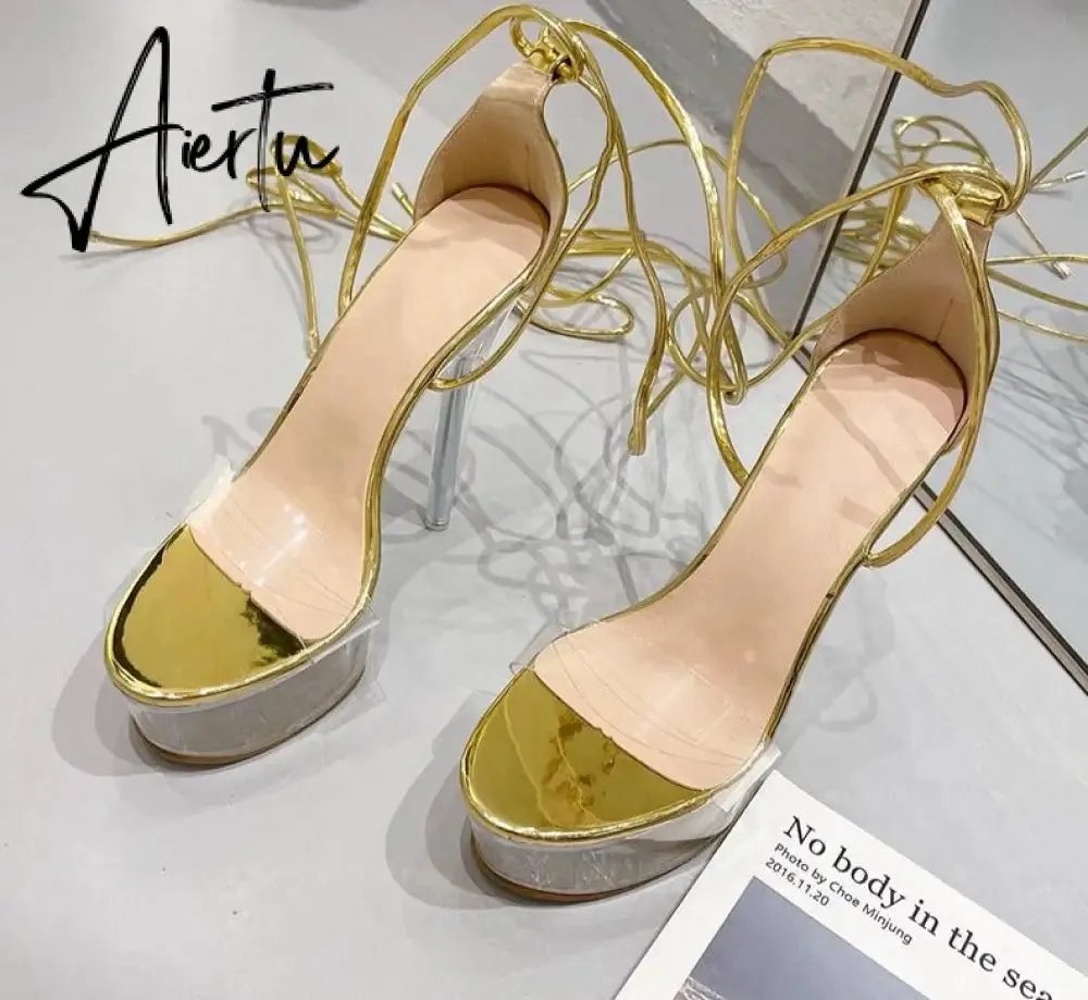 Aiertu Ultra High Crystal Platform Sandalias Peep toe Ankle-Wrap Buckle Strap NEW Women Shoes Summer nightclub Party Fashion
