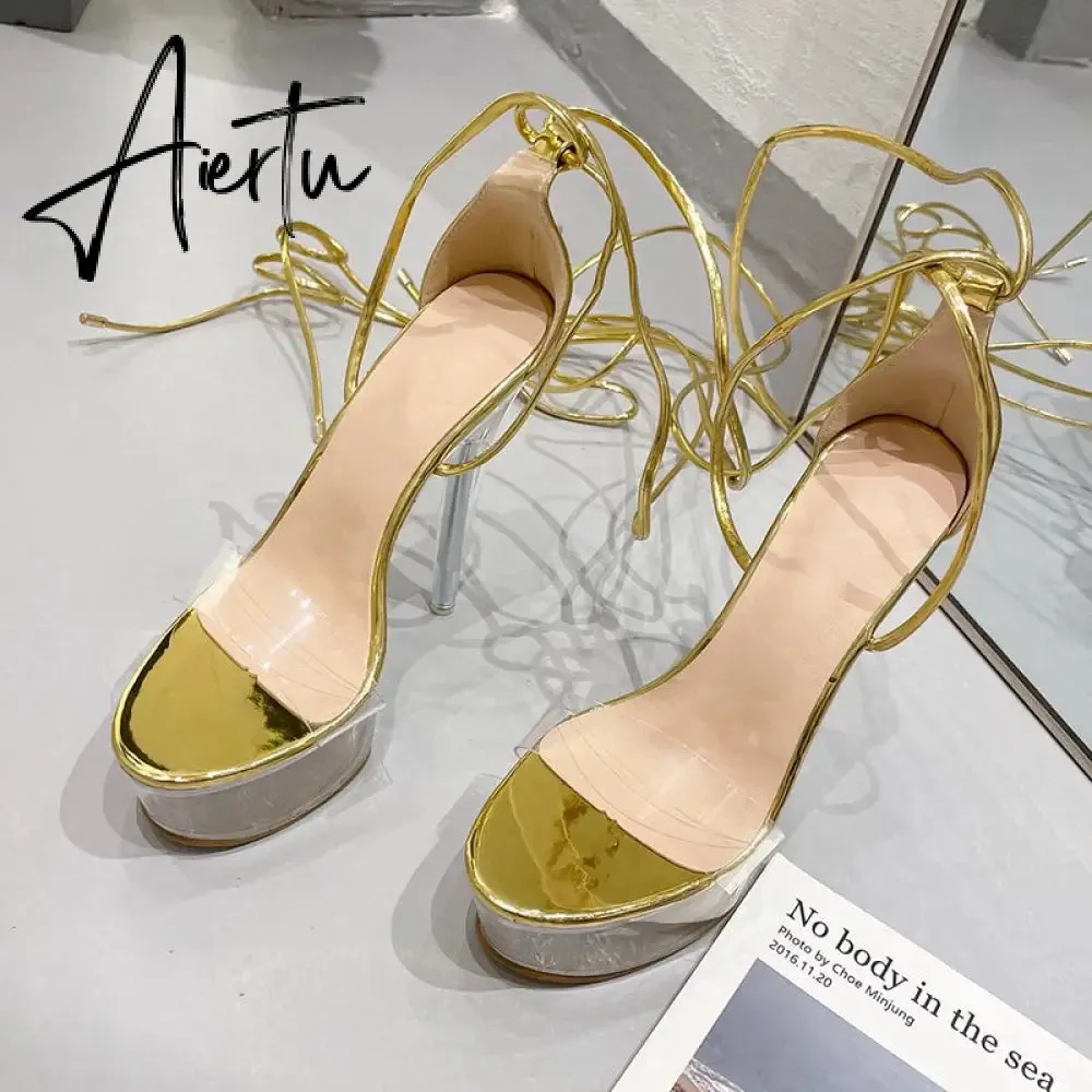 Aiertu Ultra High Crystal Platform Sandalias Peep toe Ankle-Wrap Buckle Strap NEW Women Shoes Summer nightclub Party Fashion