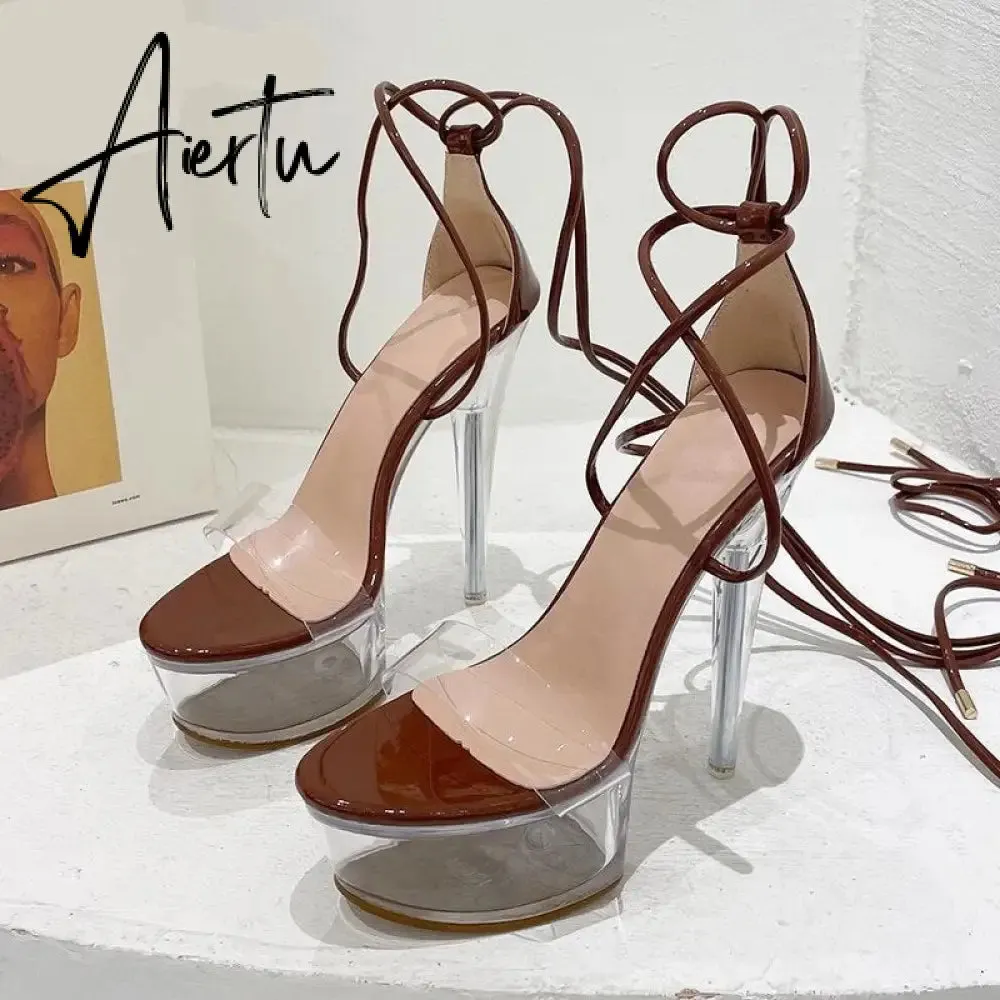 Aiertu Ultra High Crystal Platform Sandalias Peep toe Ankle-Wrap Buckle Strap NEW Women Shoes Summer nightclub Party Fashion