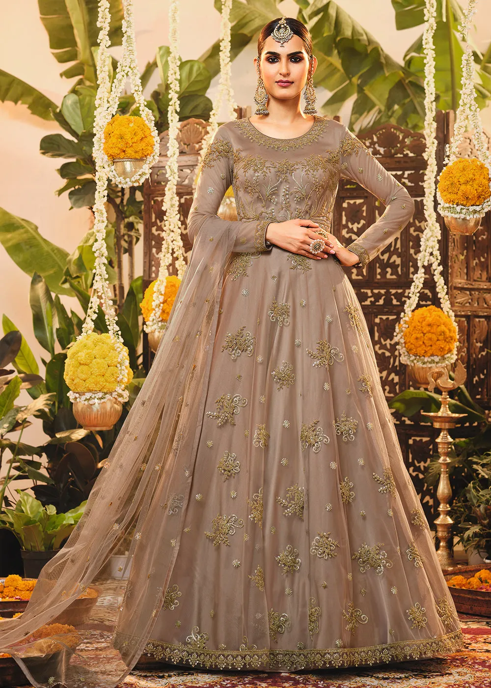 Beautiful Beige Mauve Embroidered Designer Floor Length Anarkali