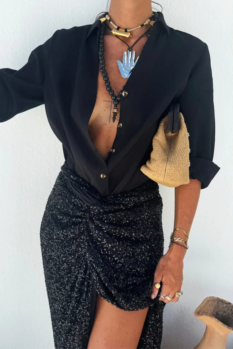 Black Sequin Jaspre Wrap Skirt