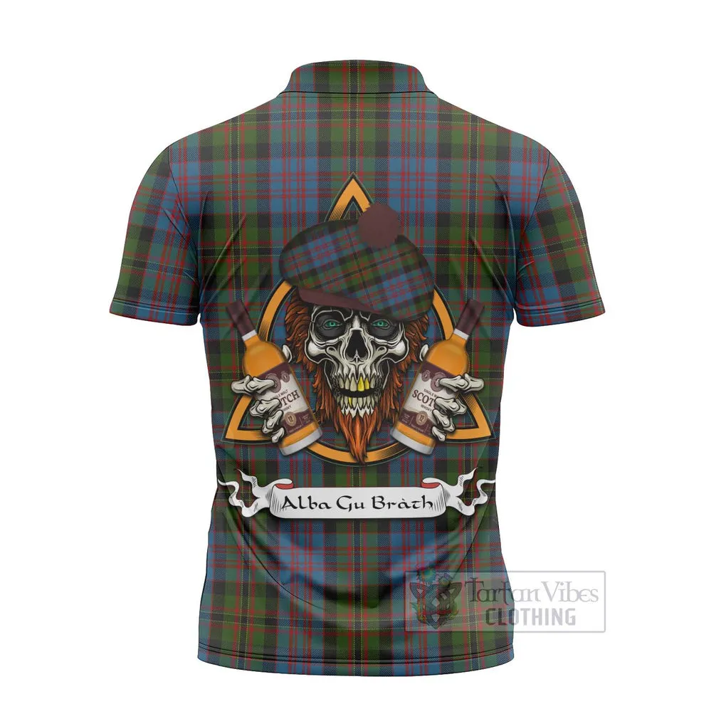 Bowie Tartan Zipper Polo Shirt with Family Crest and Bearded Skull Holding Bottles of Whiskey