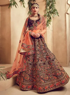 Burgundy And Orange Velvet Embroidered Lehenga Choli