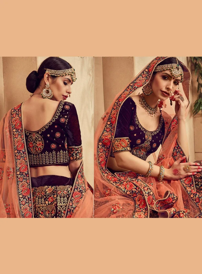 Burgundy And Orange Velvet Embroidered Lehenga Choli