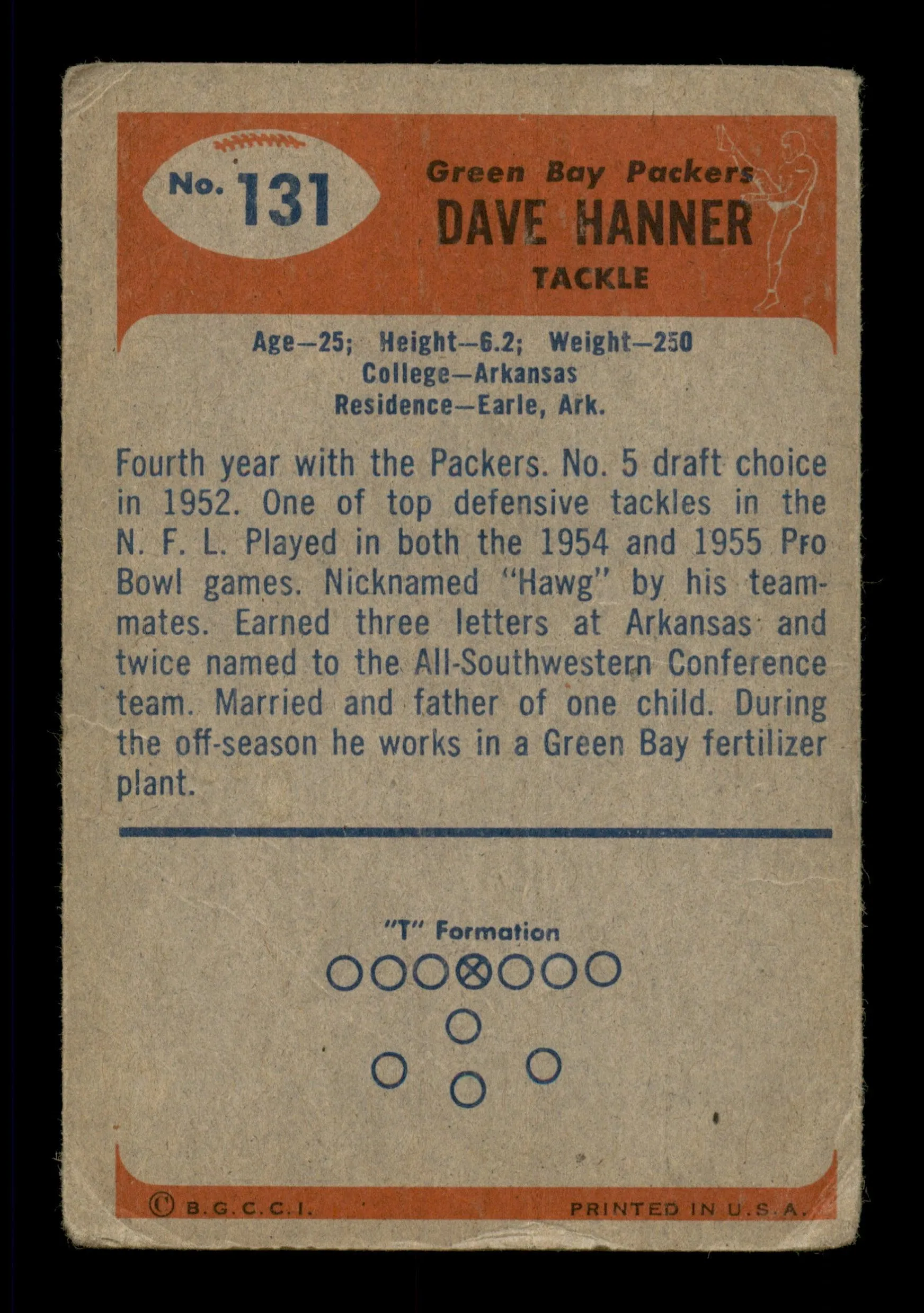 Dave Hanner Autographed 1955 Bowman Card #131 Green Bay Packers SKU #198034