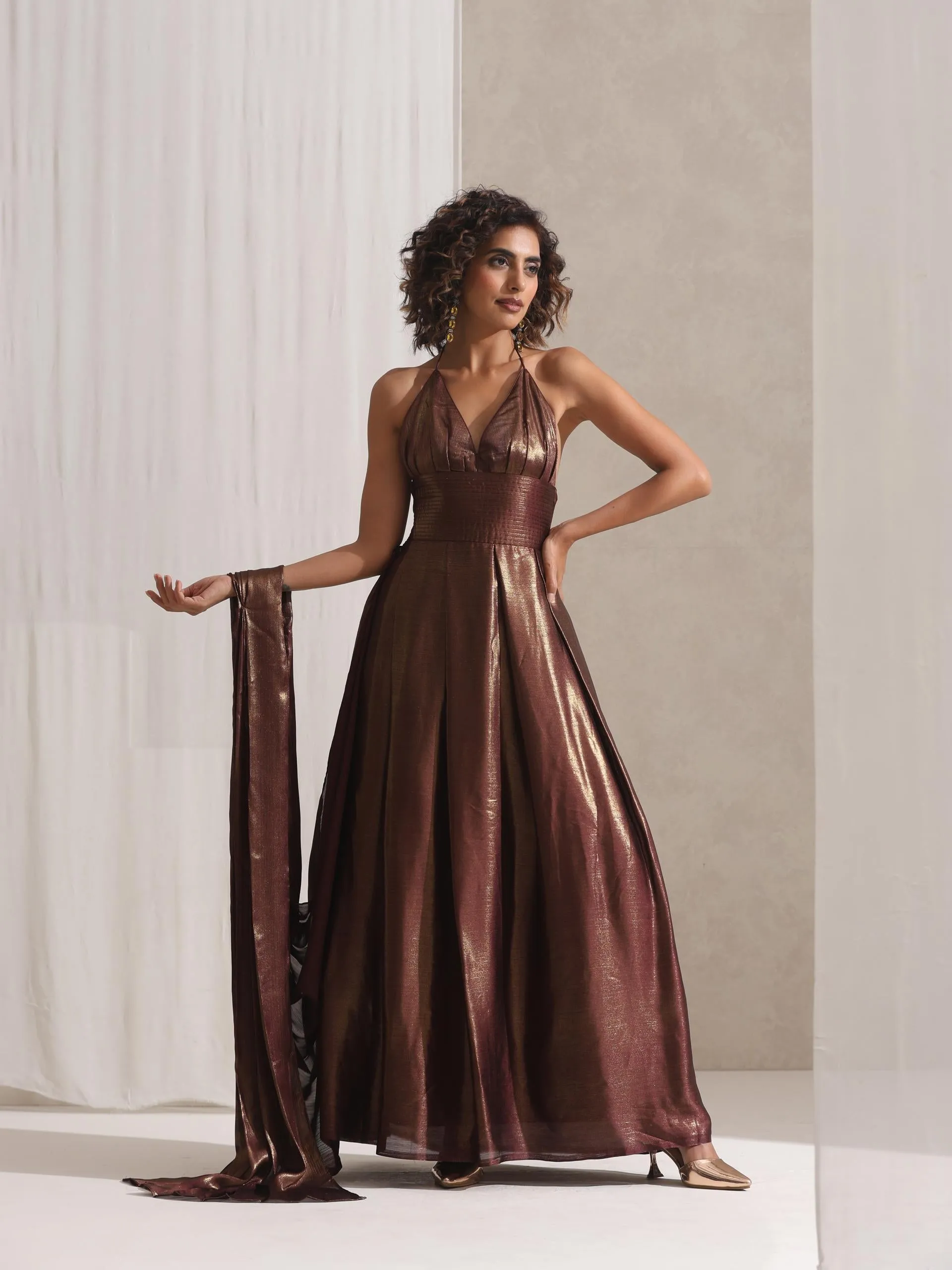 Dripping in Chocolate- 1 Pc Halter Dress Saree with Adjustable Waist in Chocolate Gold Chiffon