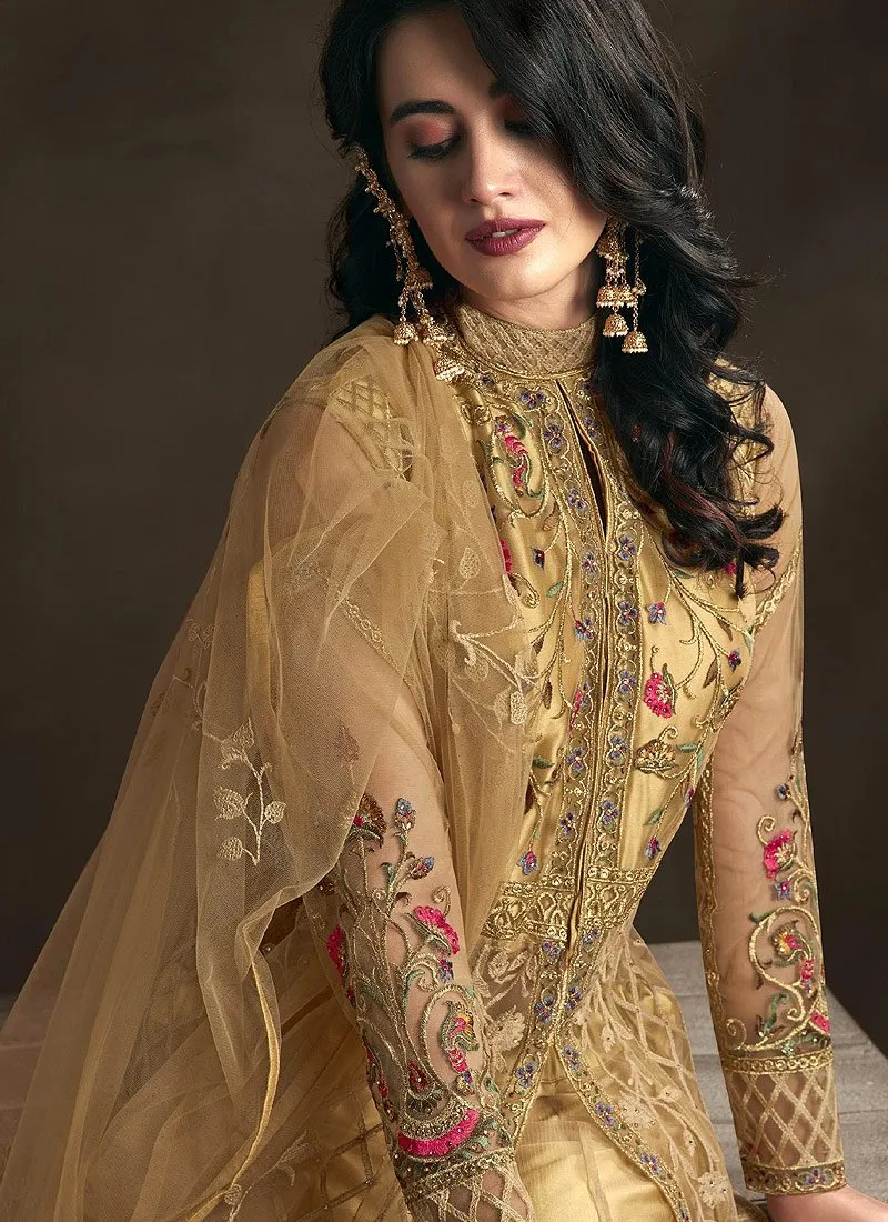 Fetching Golden Detailed Embroidered Designer Anarkali Suit