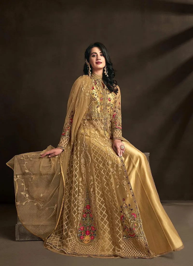 Fetching Golden Detailed Embroidered Designer Anarkali Suit