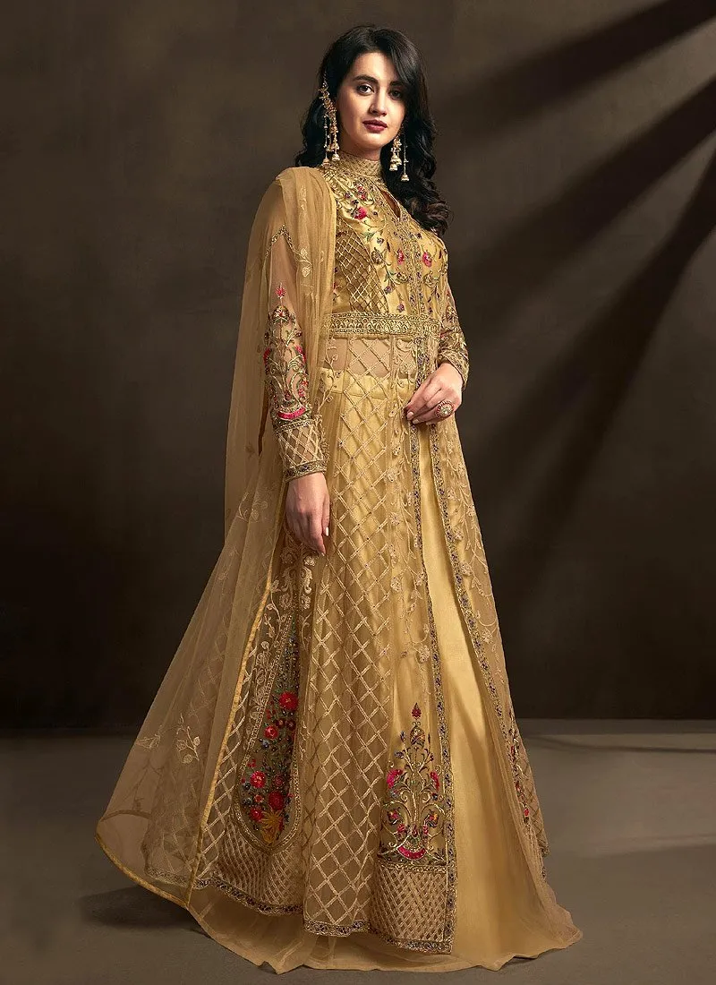 Fetching Golden Detailed Embroidered Designer Anarkali Suit