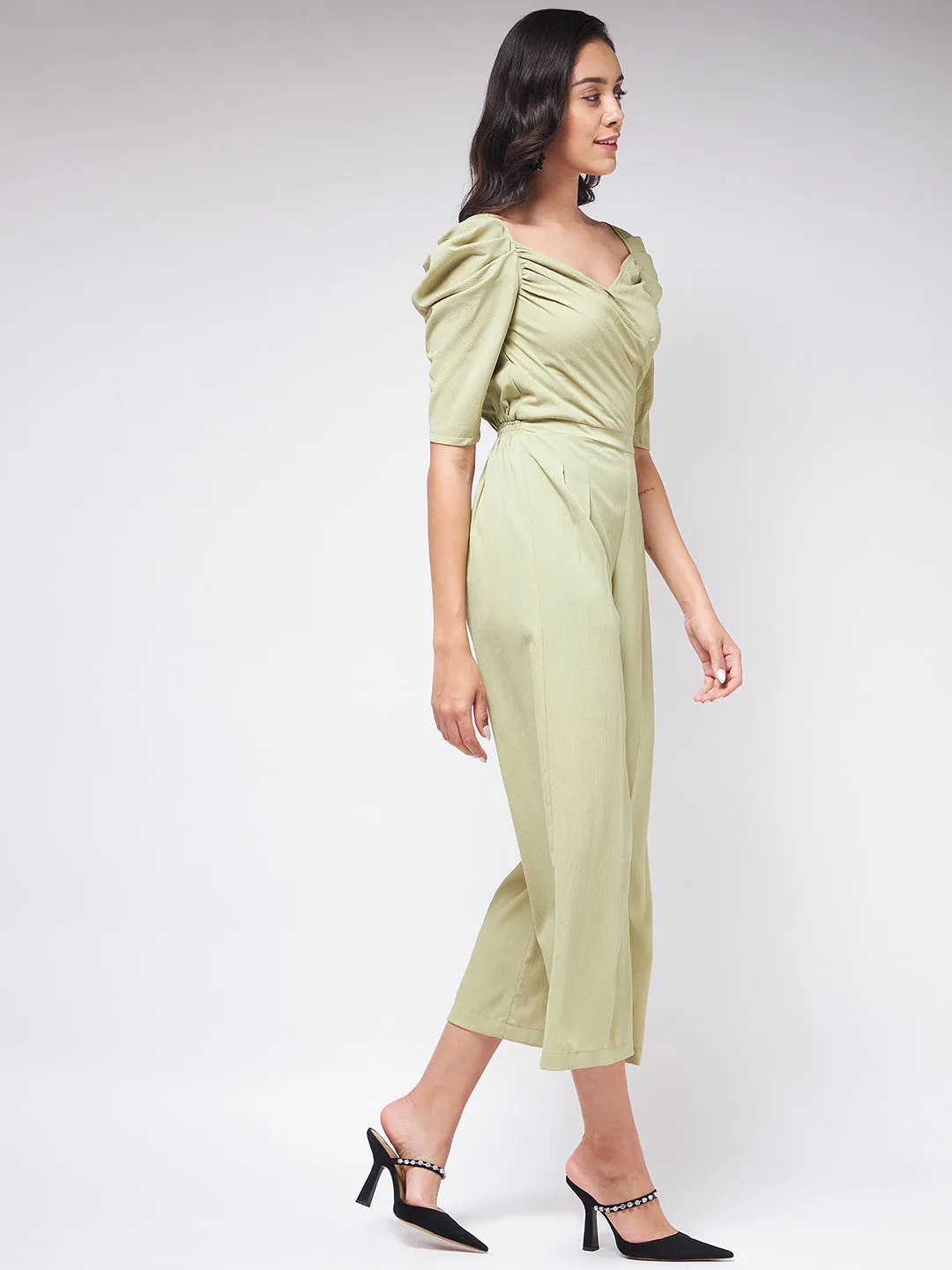 Flaunt Yourself In Solid Pleated Jumpsuit With Vintage Sleeves