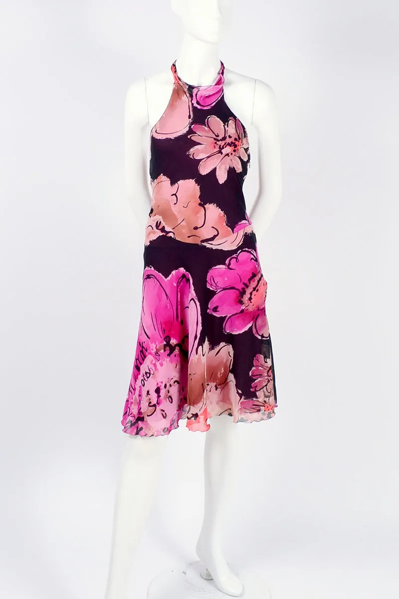 Gianni Versace Couture Silk Halter Dress w/ Slits and Pink Flowers