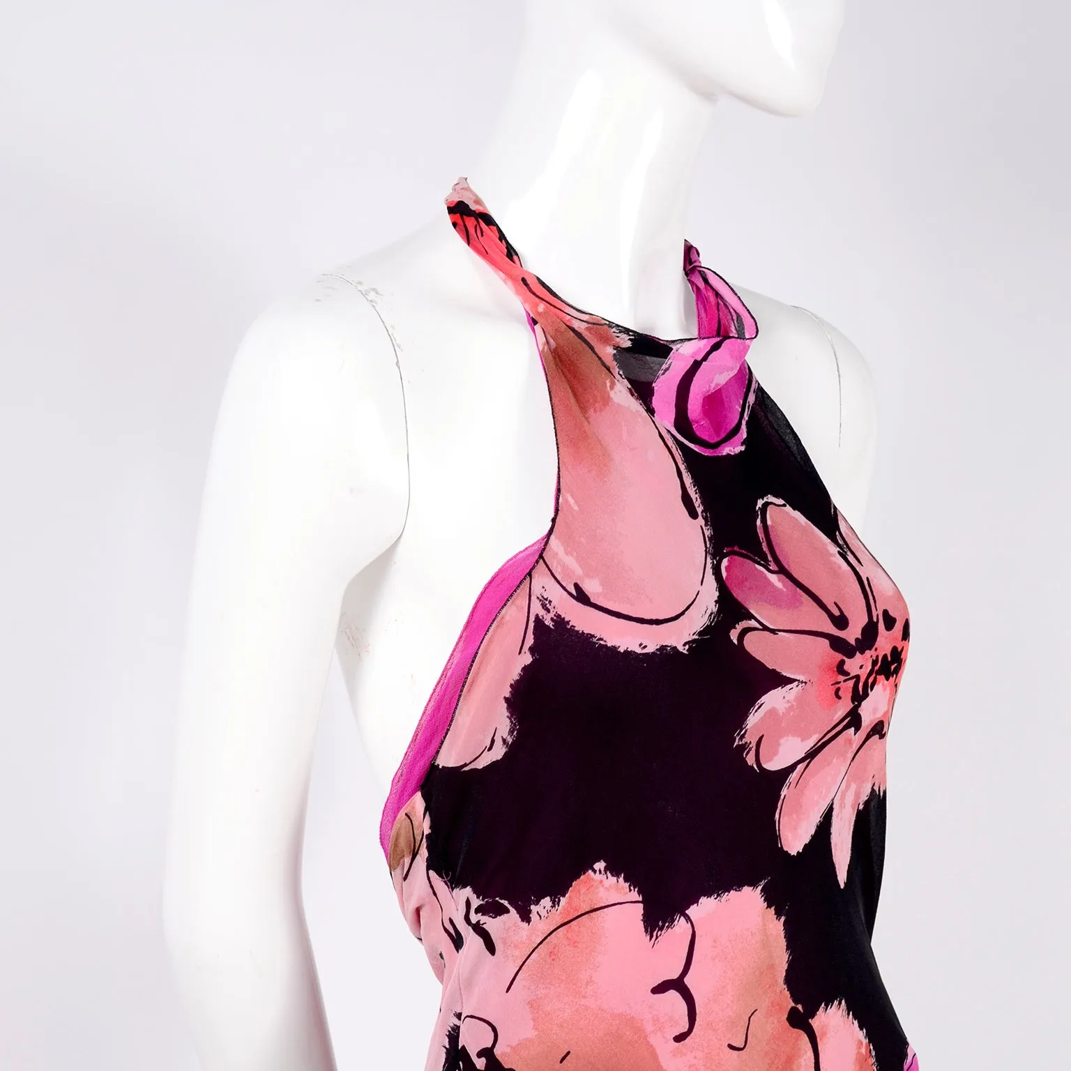 Gianni Versace Couture Silk Halter Dress w/ Slits and Pink Flowers