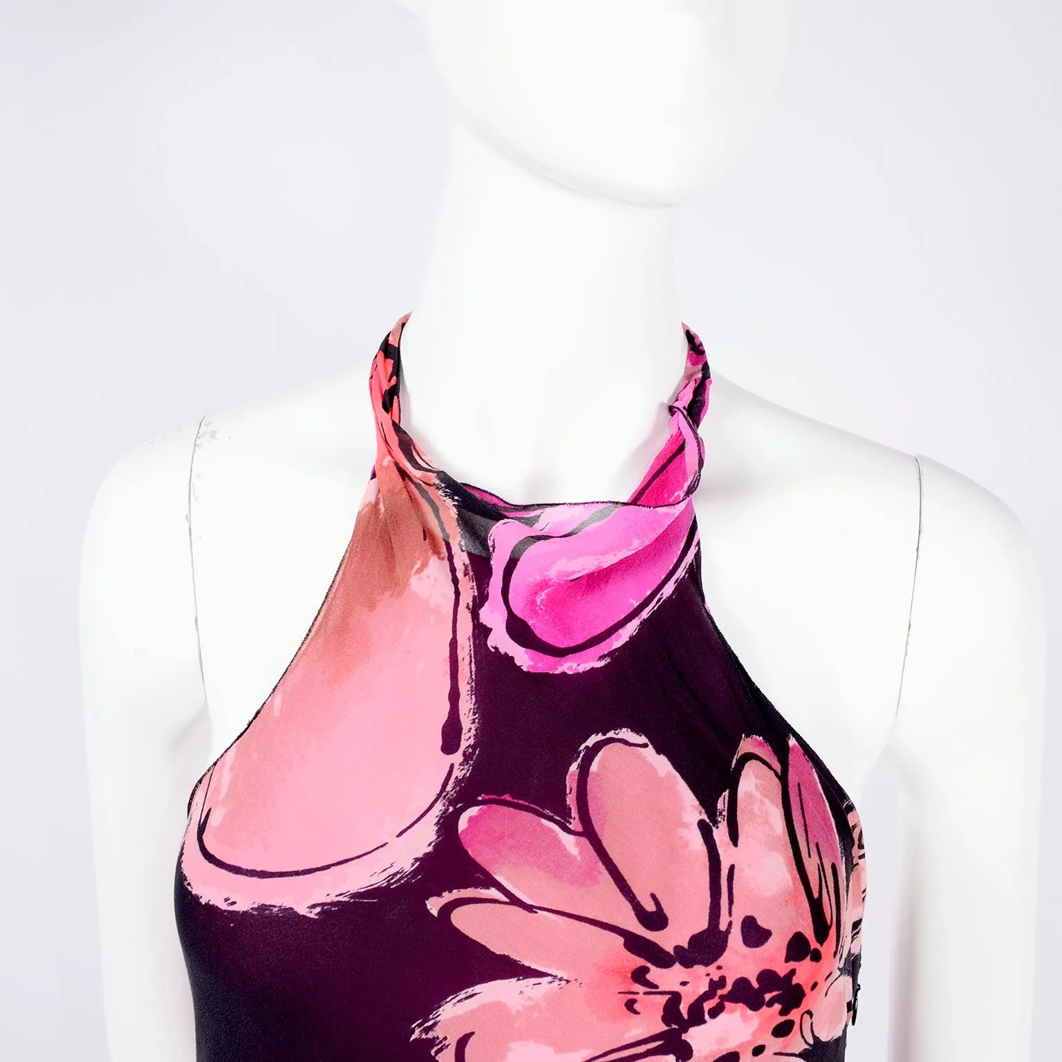 Gianni Versace Couture Silk Halter Dress w/ Slits and Pink Flowers