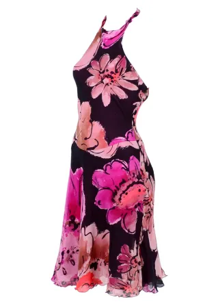 Gianni Versace Couture Silk Halter Dress w/ Slits and Pink Flowers