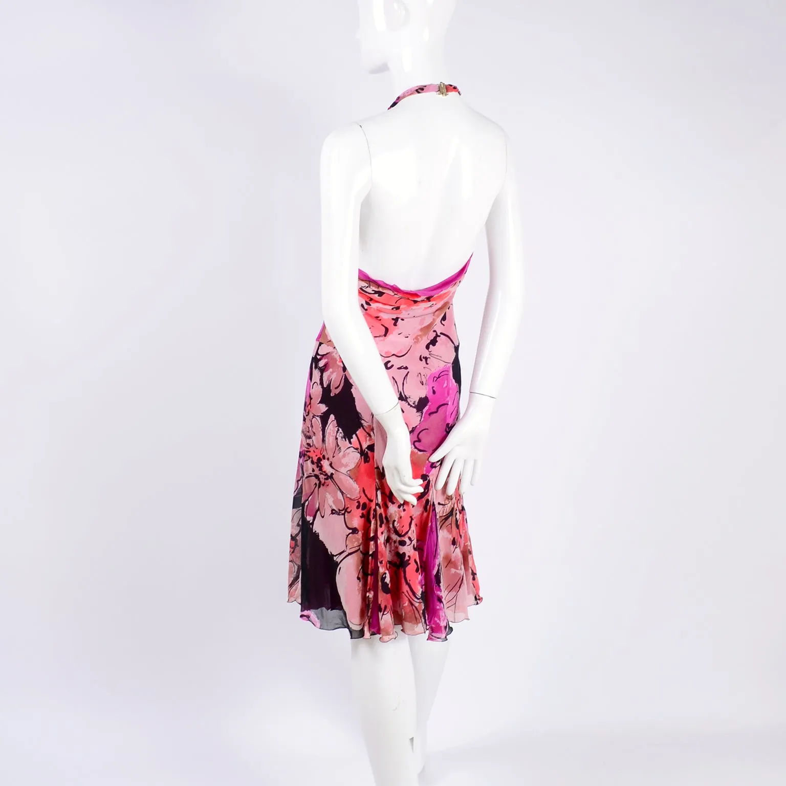 Gianni Versace Couture Silk Halter Dress w/ Slits and Pink Flowers