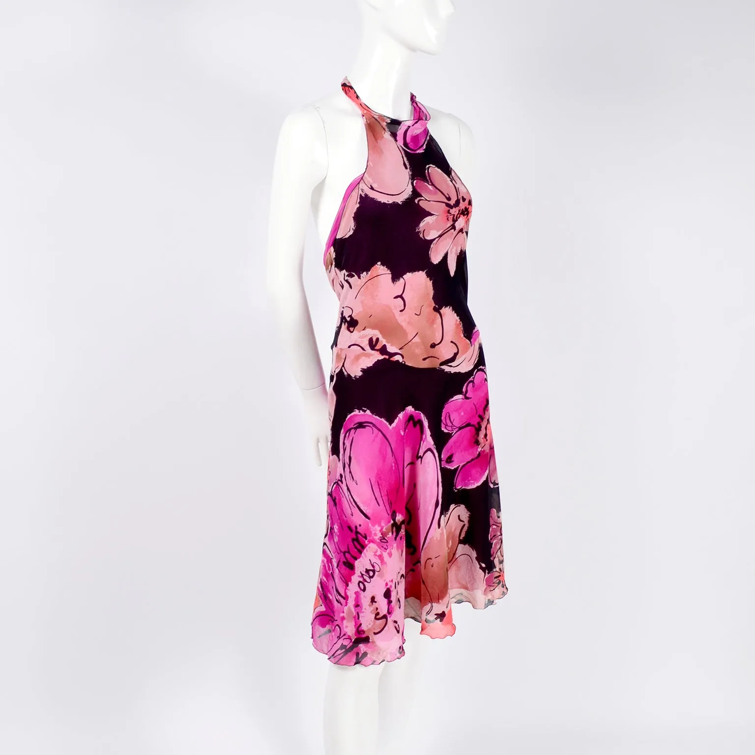 Gianni Versace Couture Silk Halter Dress w/ Slits and Pink Flowers