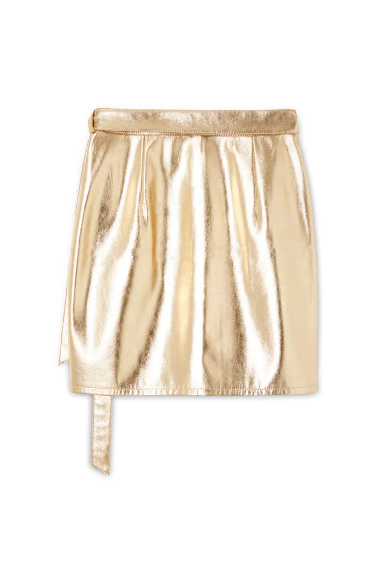 Gold Vegan Leather Mini Wrap Skirt Petite