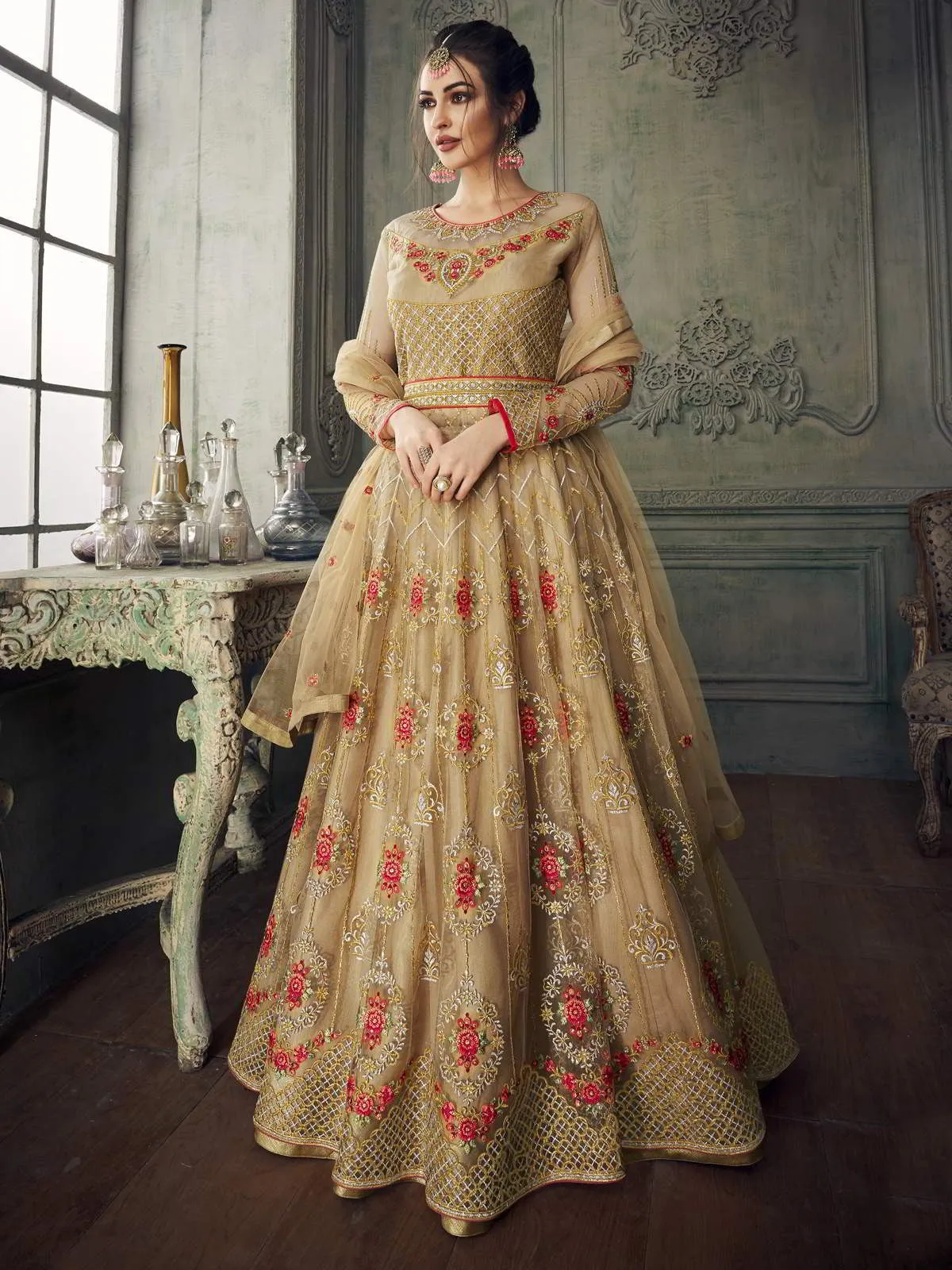 Golden Red All Over Embroidered Anarkali Lehenga Suit