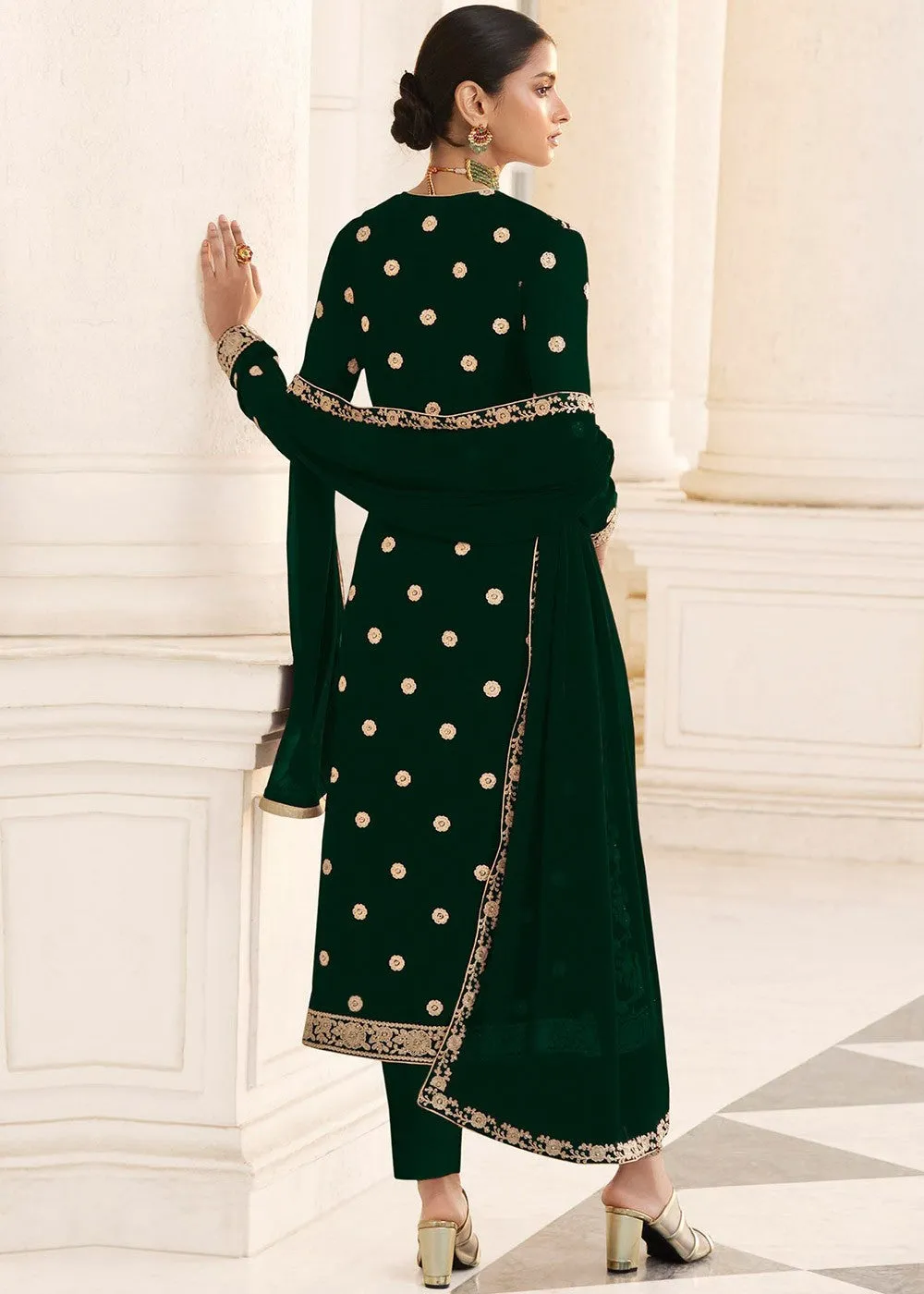 Green Designer Georgette Embroidered Jacket Style Suit