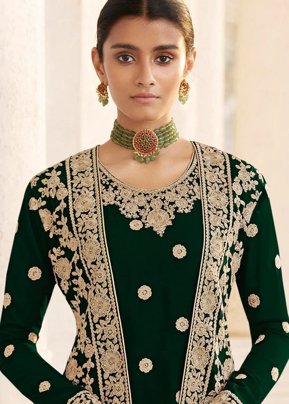 Green Designer Georgette Embroidered Jacket Style Suit