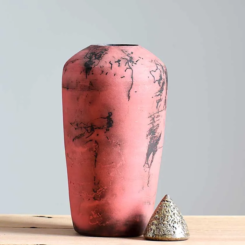 Horsehair Raku Gold Lid Vessel - Red