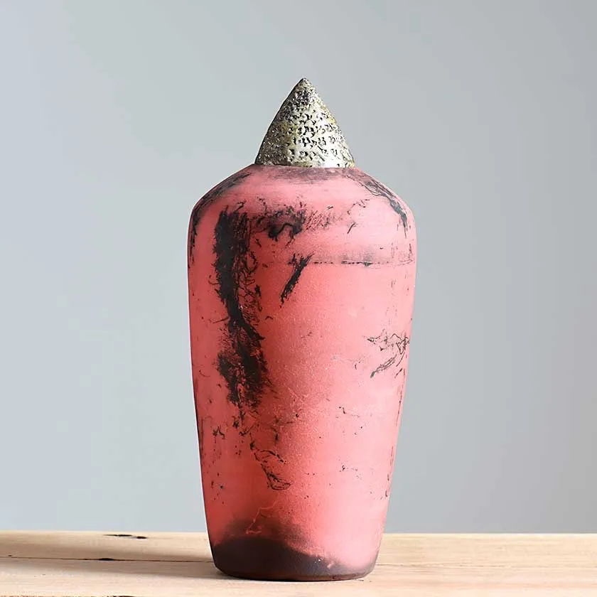 Horsehair Raku Gold Lid Vessel - Red