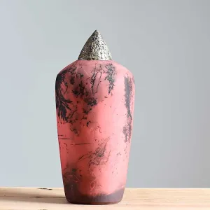 Horsehair Raku Gold Lid Vessel - Red