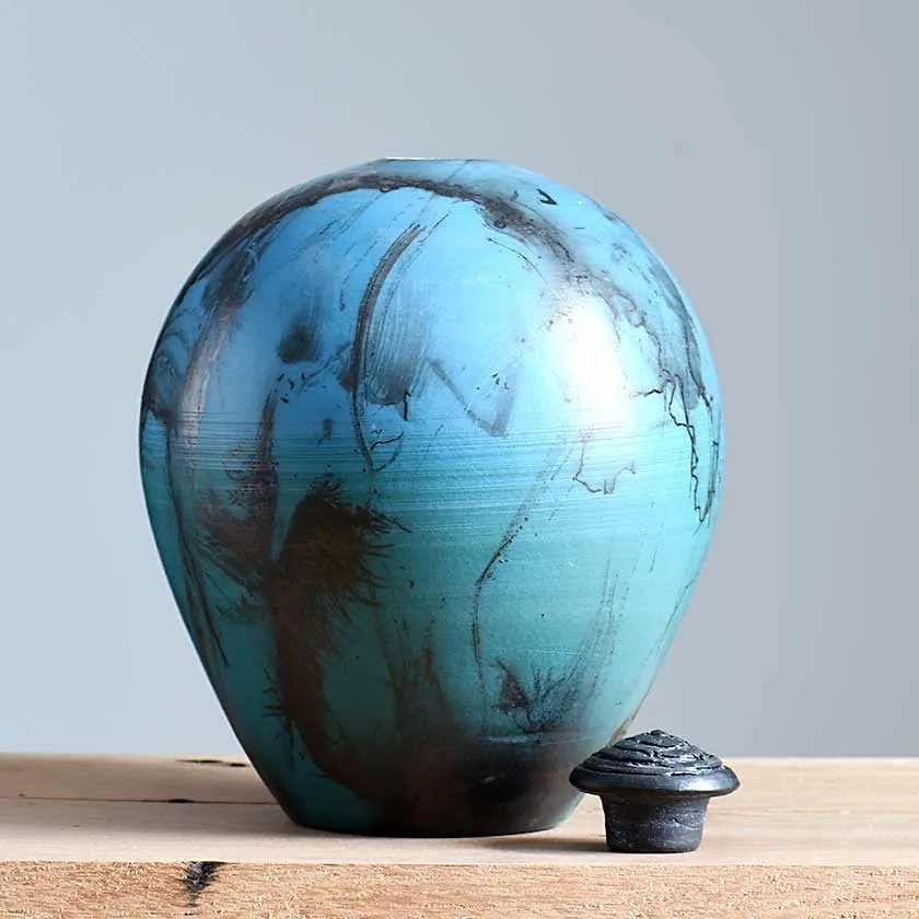Horsehair Raku Lid Vessel - Blue
