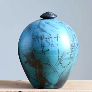 Horsehair Raku Lid Vessel - Blue