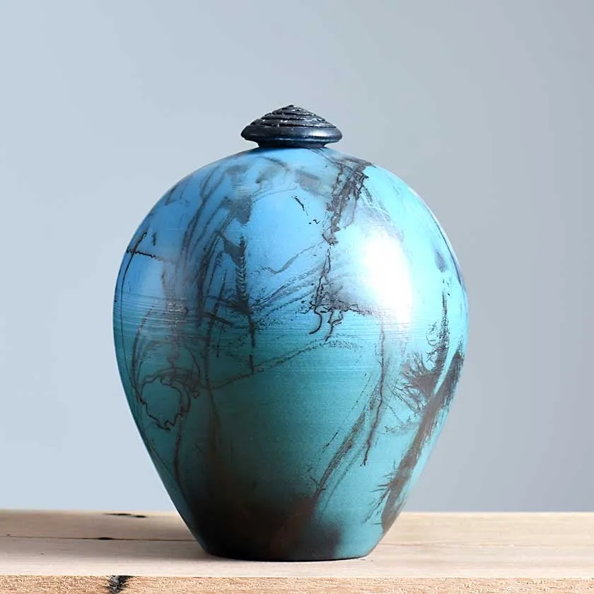 Horsehair Raku Lid Vessel - Blue