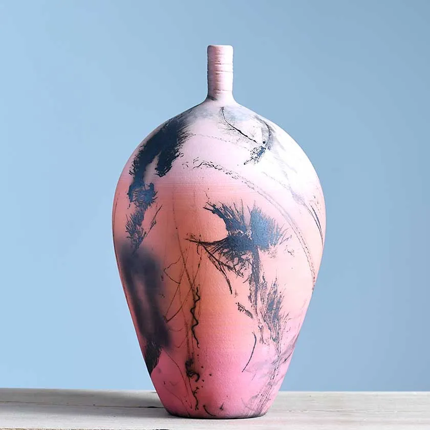 Horsehair Raku Tall Lip Vessel - Red