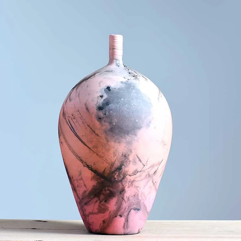 Horsehair Raku Tall Lip Vessel - Red
