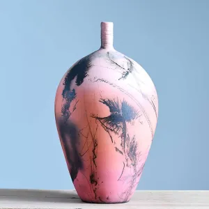 Horsehair Raku Tall Lip Vessel - Red