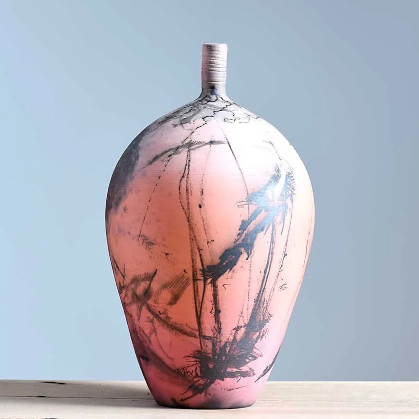 Horsehair Raku Tall Lip Vessel - Red