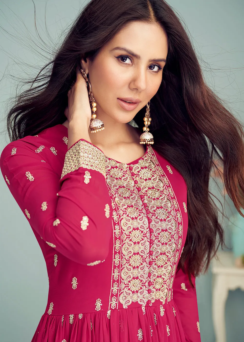 Hot Pink Georgette Embellished Wedding Anarkali Suit
