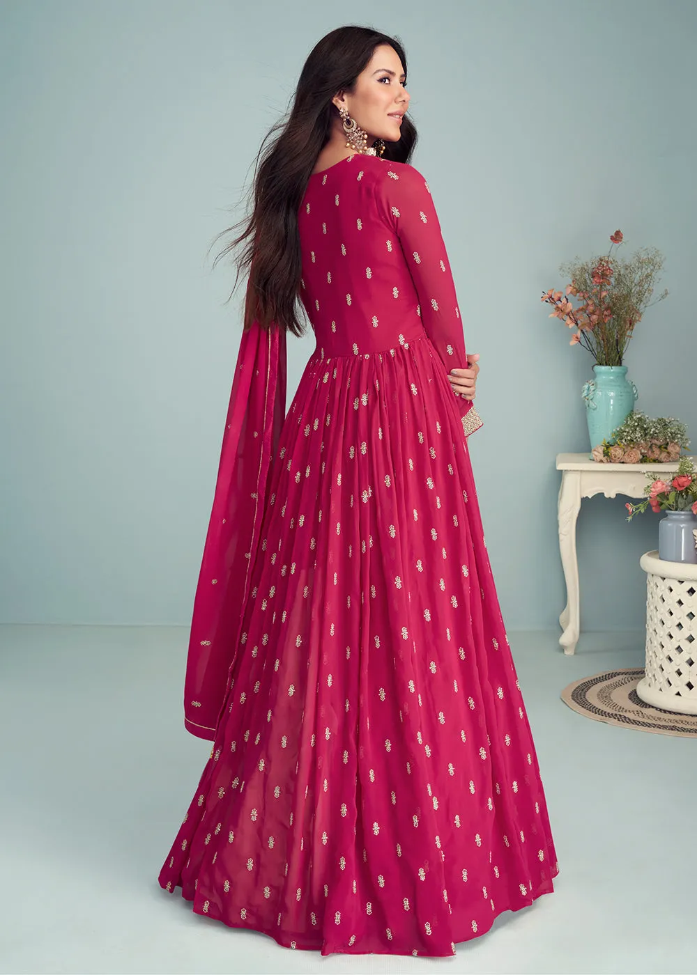 Hot Pink Georgette Embellished Wedding Anarkali Suit