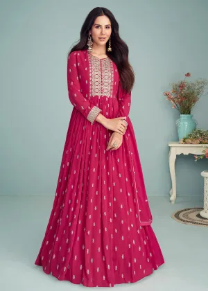 Hot Pink Georgette Embellished Wedding Anarkali Suit