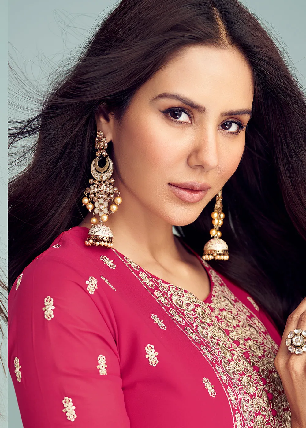 Hot Pink Georgette Embellished Wedding Anarkali Suit