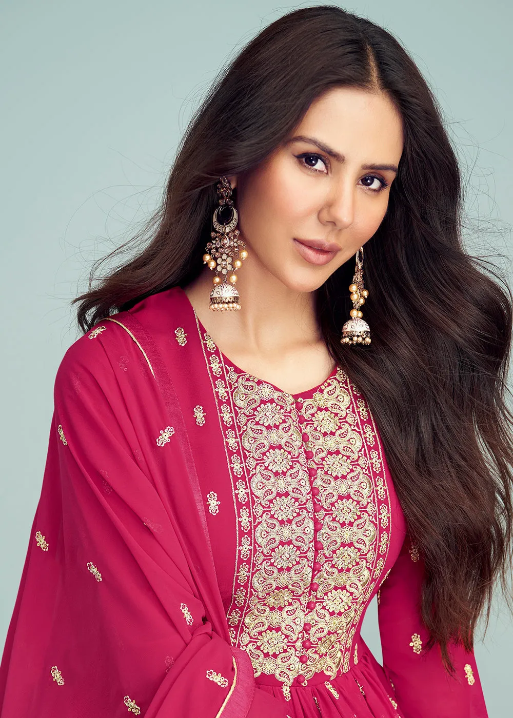 Hot Pink Georgette Embellished Wedding Anarkali Suit