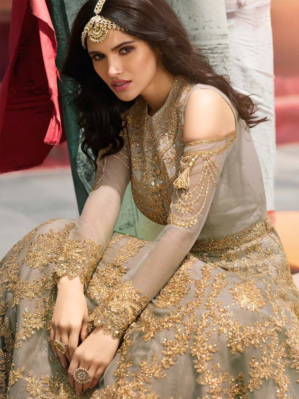 Light Copper Golden Embroidery Designer Anarkali Pant Suit