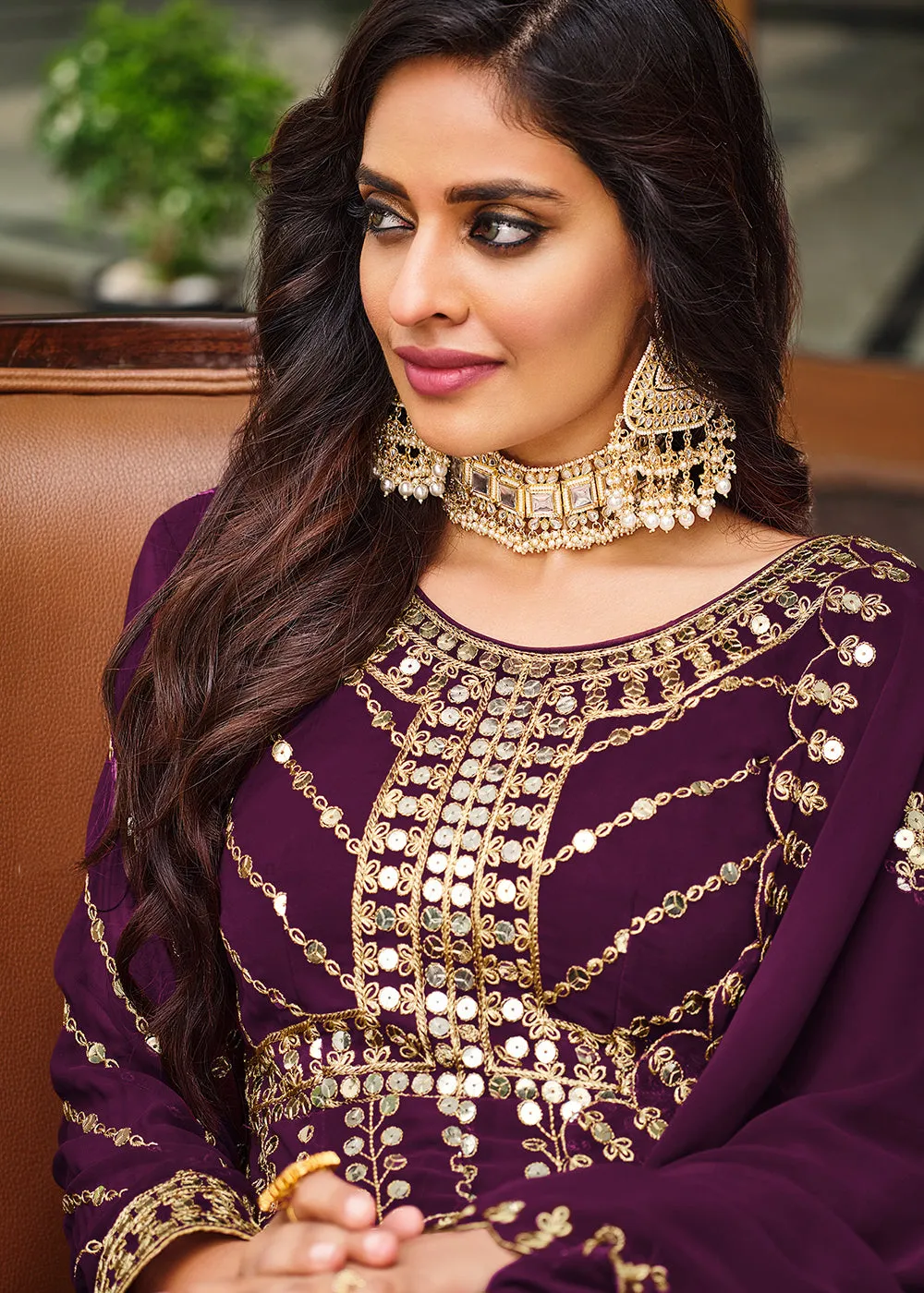 Mesmeric Purple Sequins Wedding Pant Style Anarkali