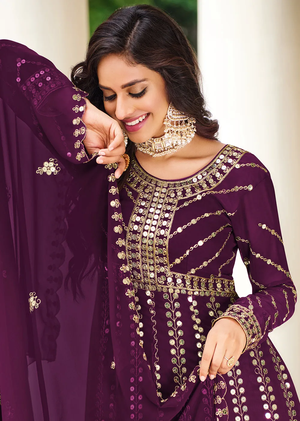 Mesmeric Purple Sequins Wedding Pant Style Anarkali