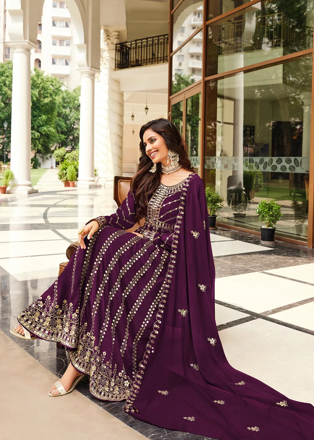 Mesmeric Purple Sequins Wedding Pant Style Anarkali