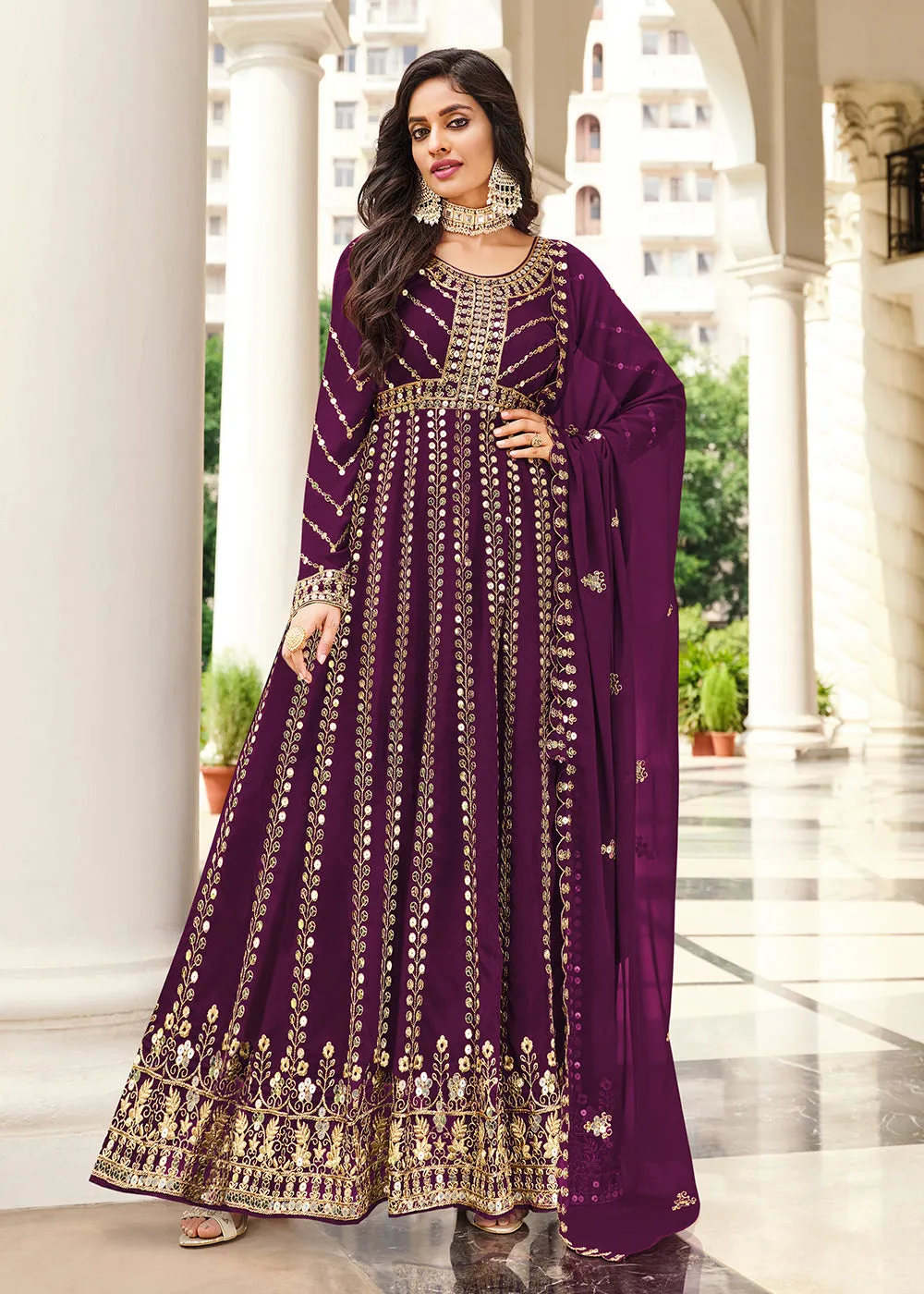 Mesmeric Purple Sequins Wedding Pant Style Anarkali