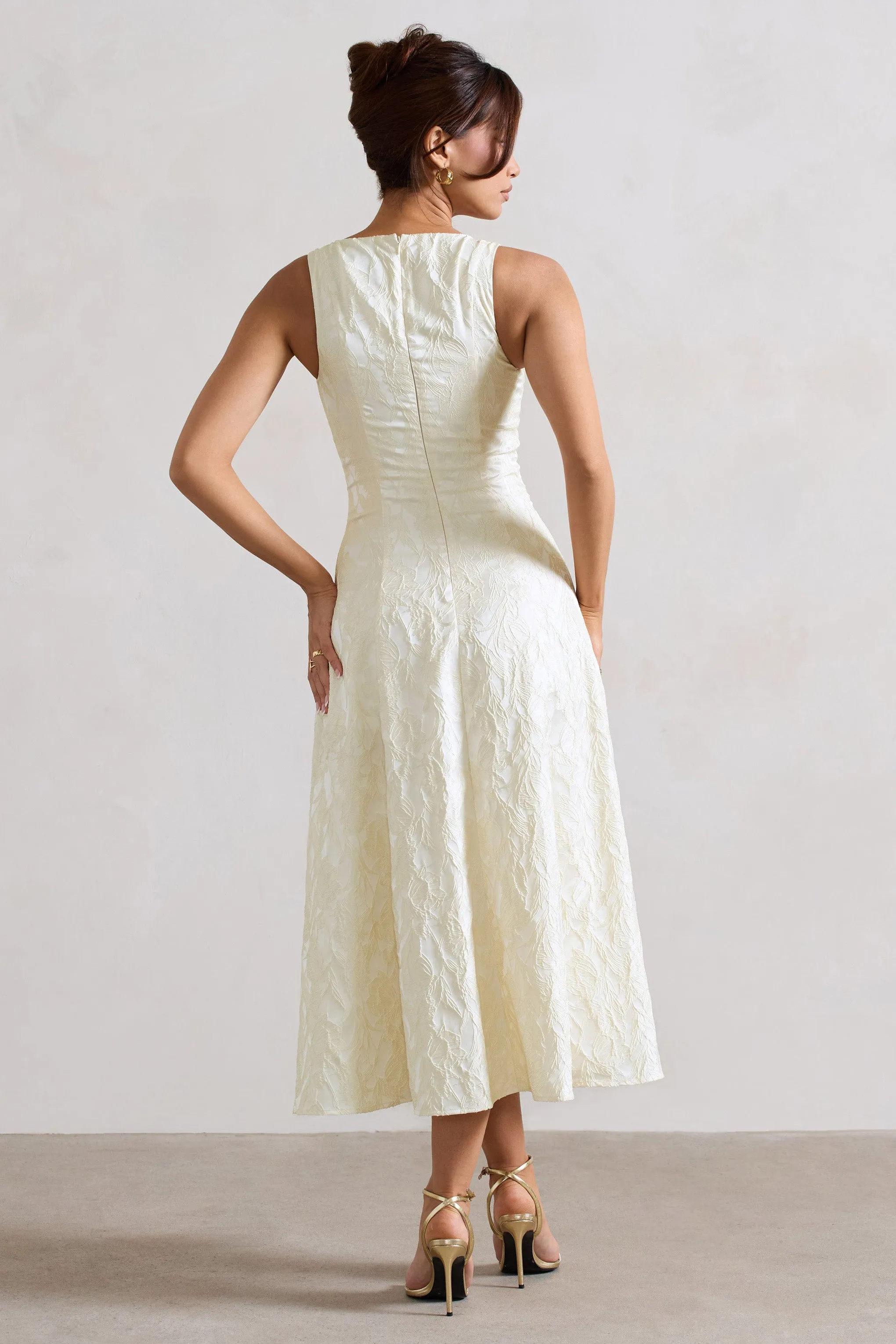 Mona | Ecru Jacquard Plunge-Neck Button Midi Dress