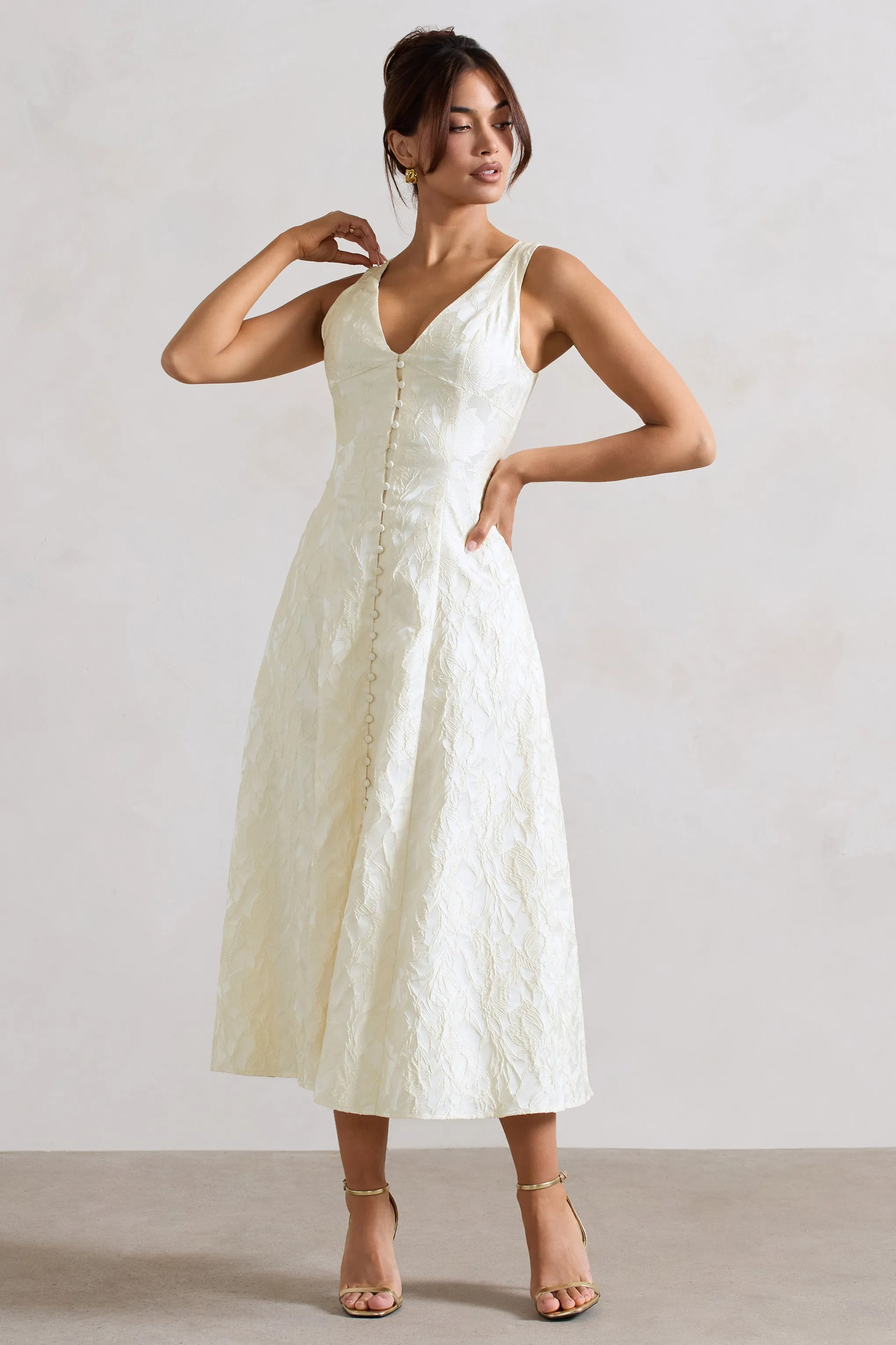 Mona | Ecru Jacquard Plunge-Neck Button Midi Dress